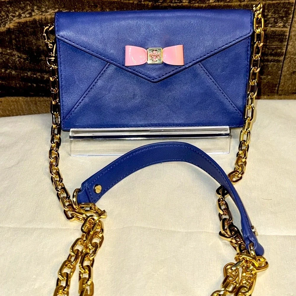 Tory Burch Blue Leather Mini Crossbody with Pink Bow and Gold Chain